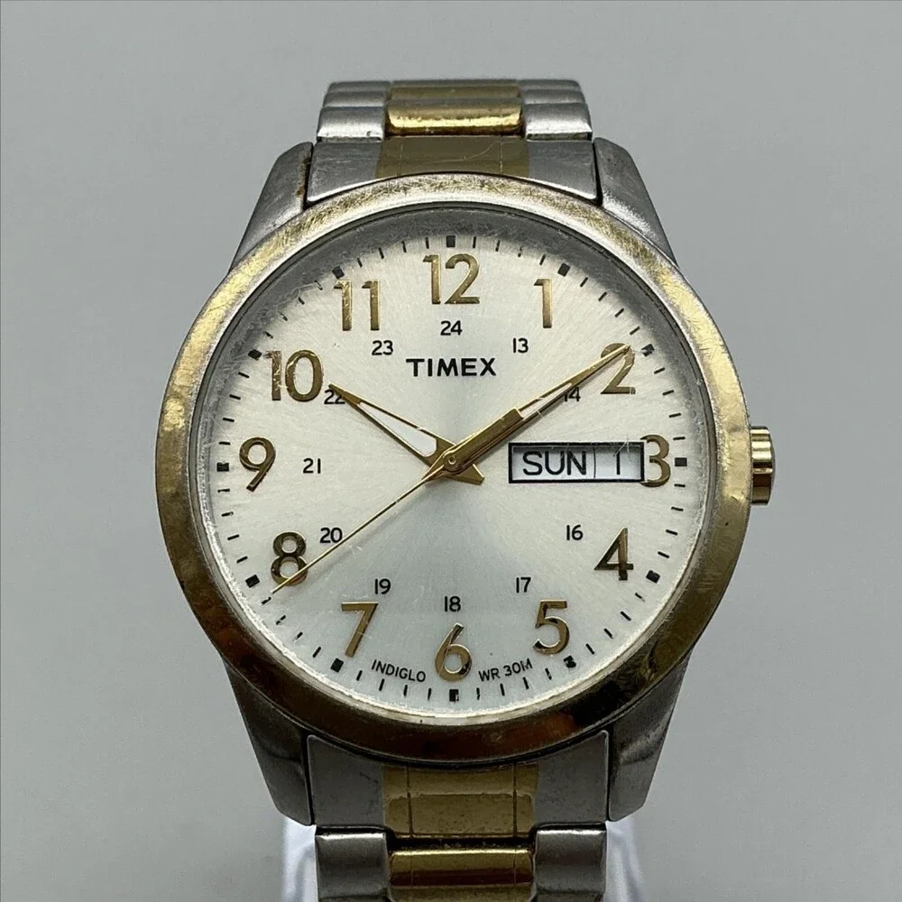 Timex Easy Reader Indiglo Mens Watch 36mm Two Tone Day Date New Battery